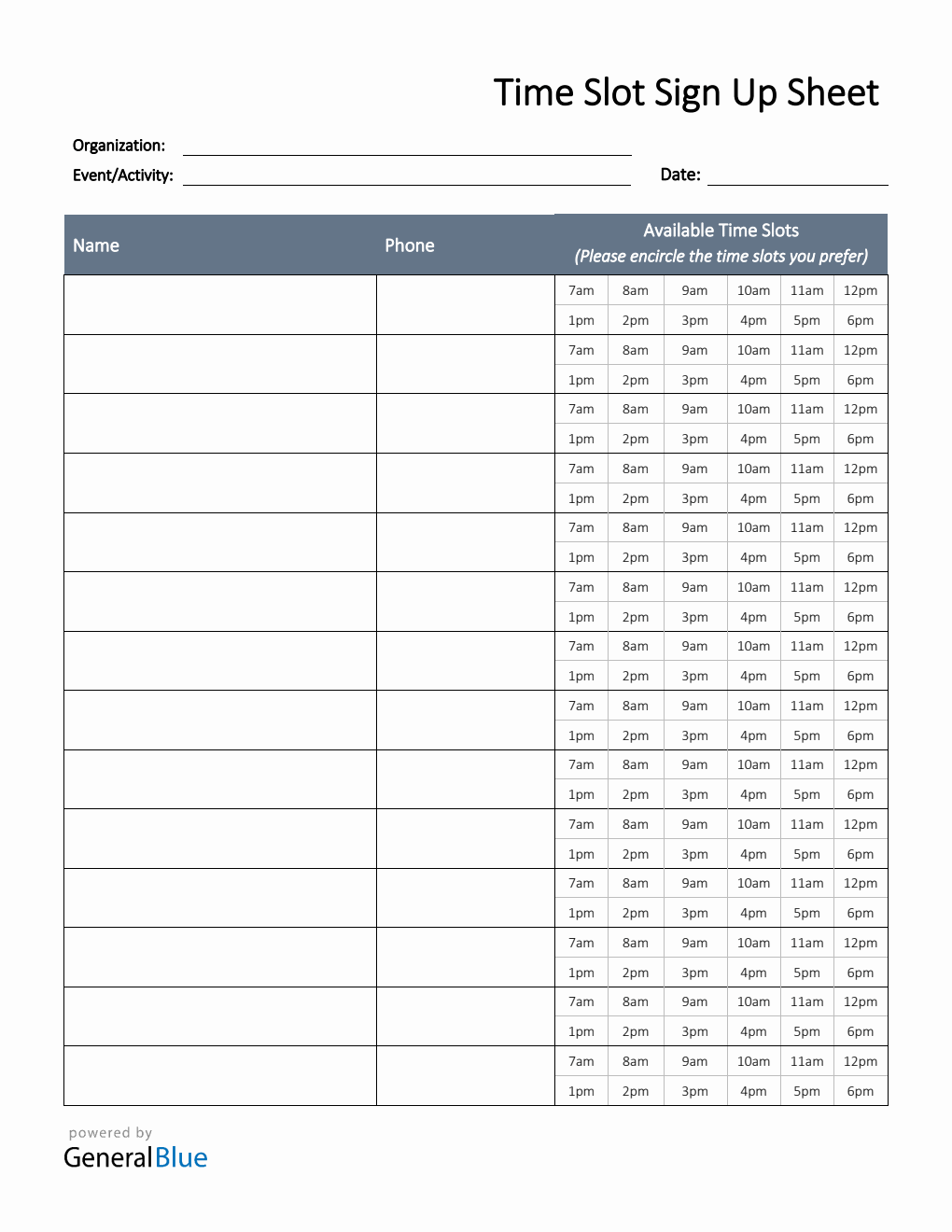 Time Slot Sign Up Sheet Template in Word (Basic)