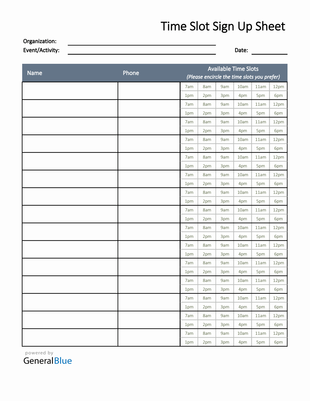 Time Slot Sign Up Sheet Template in Excel (Basic)