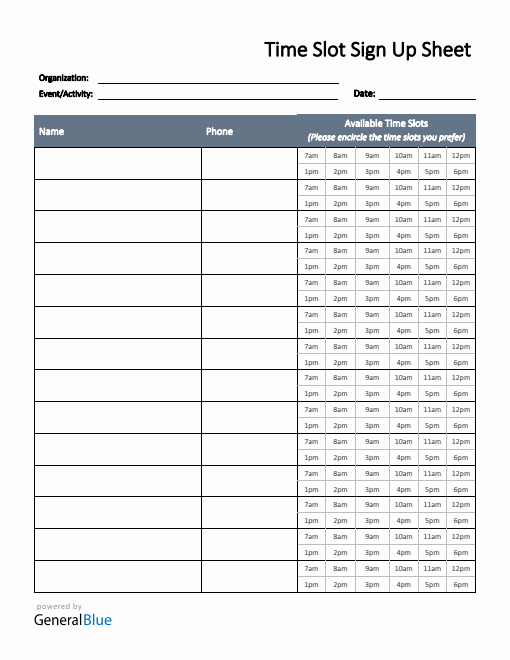 Time Slot Sign Up Sheet Template in PDF (Basic)