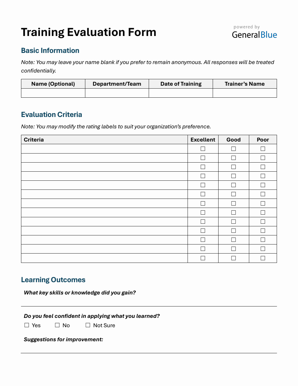 Training Evaluation Form – Free Download in PDF
