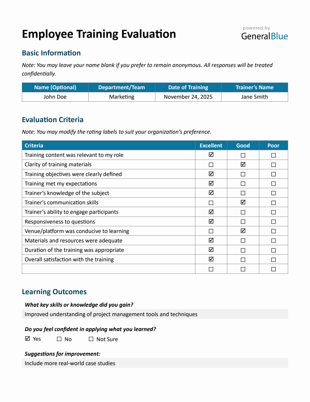 Simple Training Evaluation Form – Free Download in Word