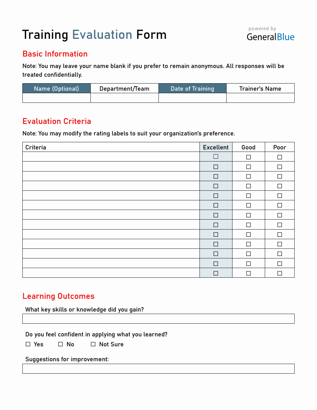 User Training Review Form Training Evaluation Form – Free Download in Word