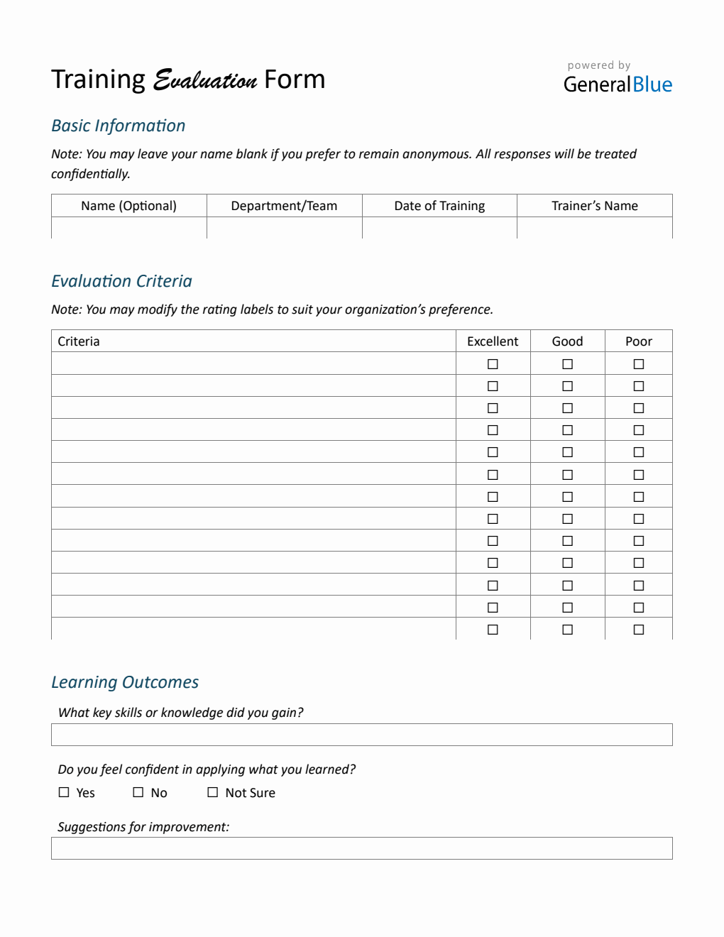Printable Training Evaluation Form – Free Download in Word