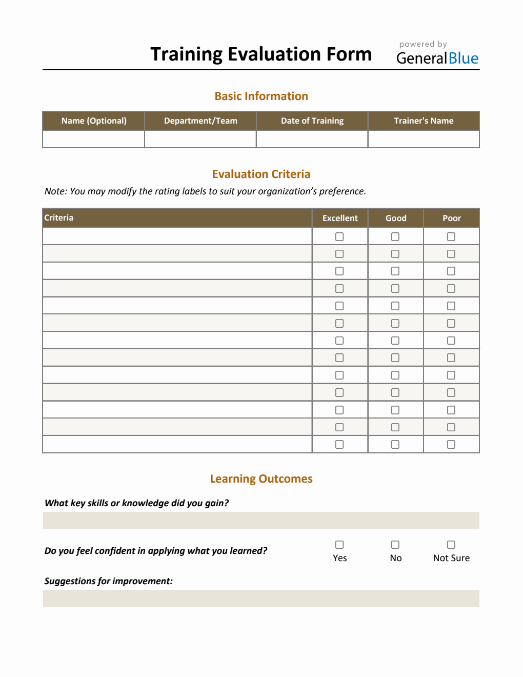 User Training Review Form Ratings Templates