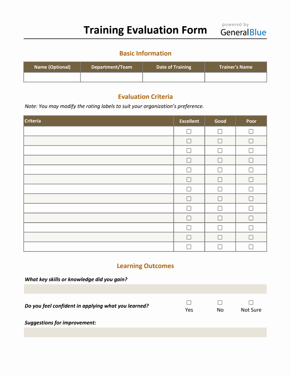 Customizable Training Evaluation Form – Free Download in Excel