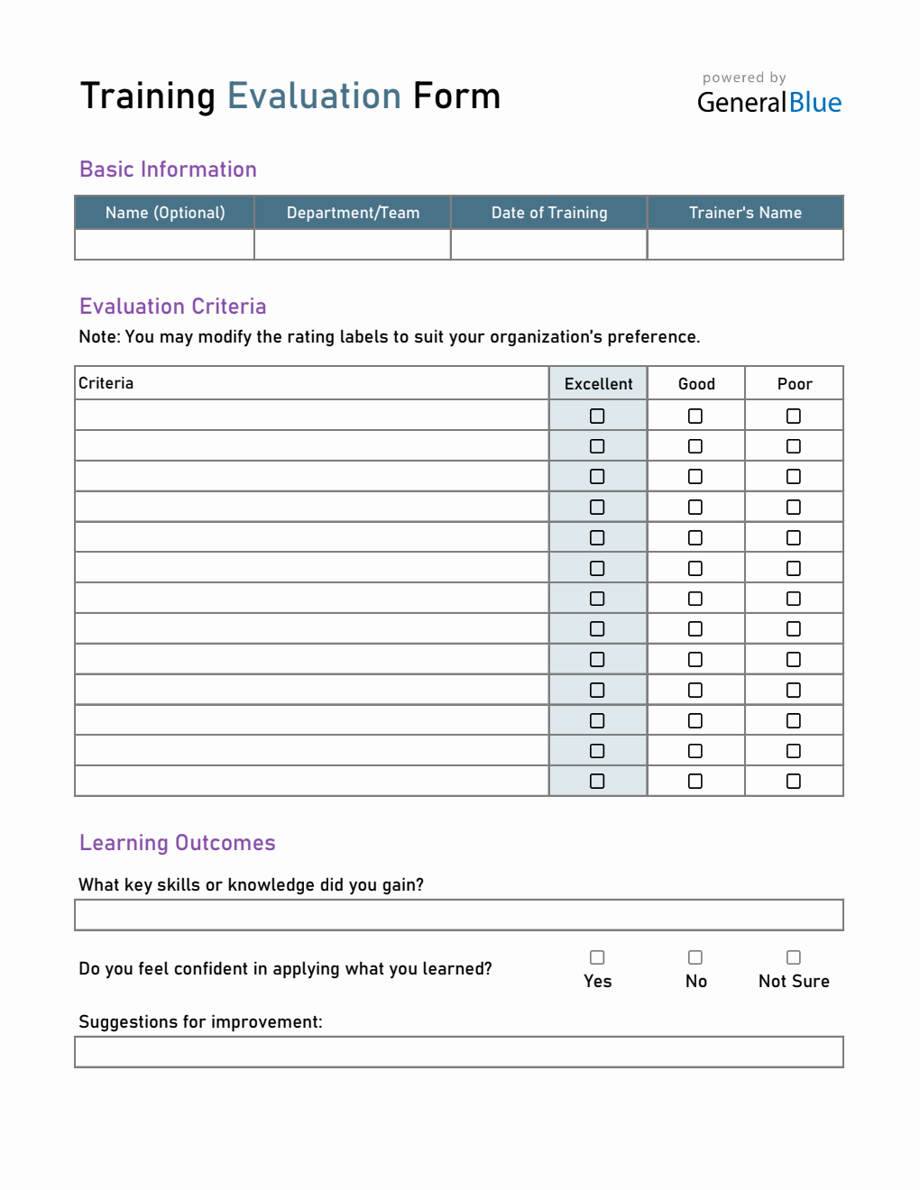 Downloadable Training Evaluation Form – Free Download in Excel