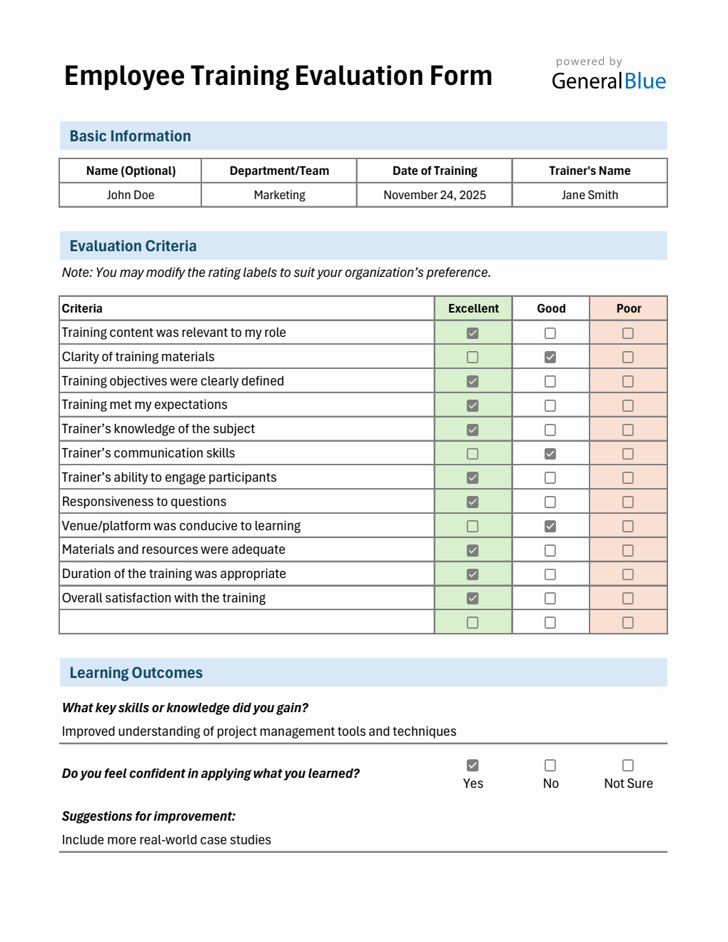 One Page Layout Training Evaluation Form – Free Download in Excel