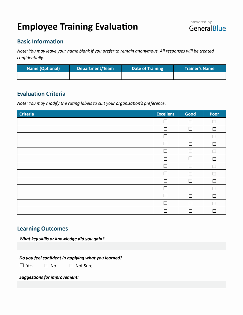 Simple Training Evaluation Form – Free Download in PDF
