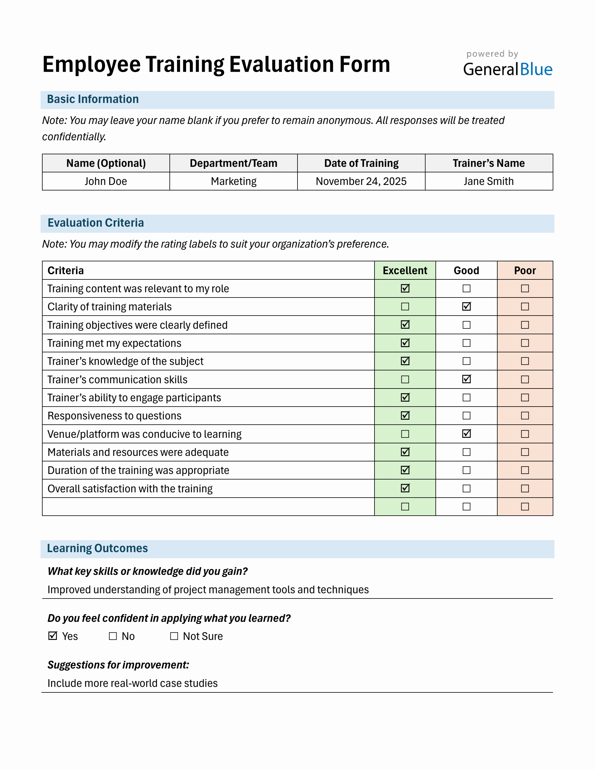 One Page Training Evaluation Form – Free Download in Word