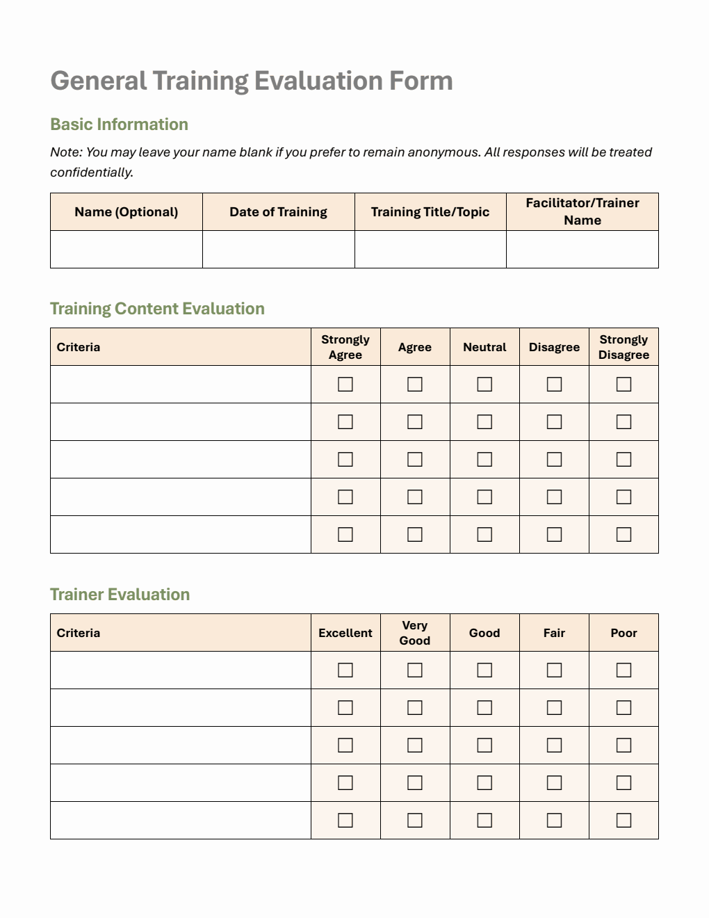 General Training Feedback Form Template Word