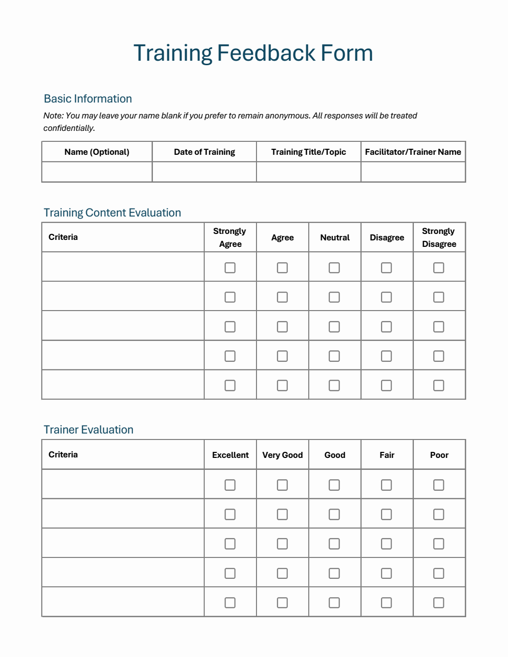 Comprehensive Training Feedback Form Template Excel