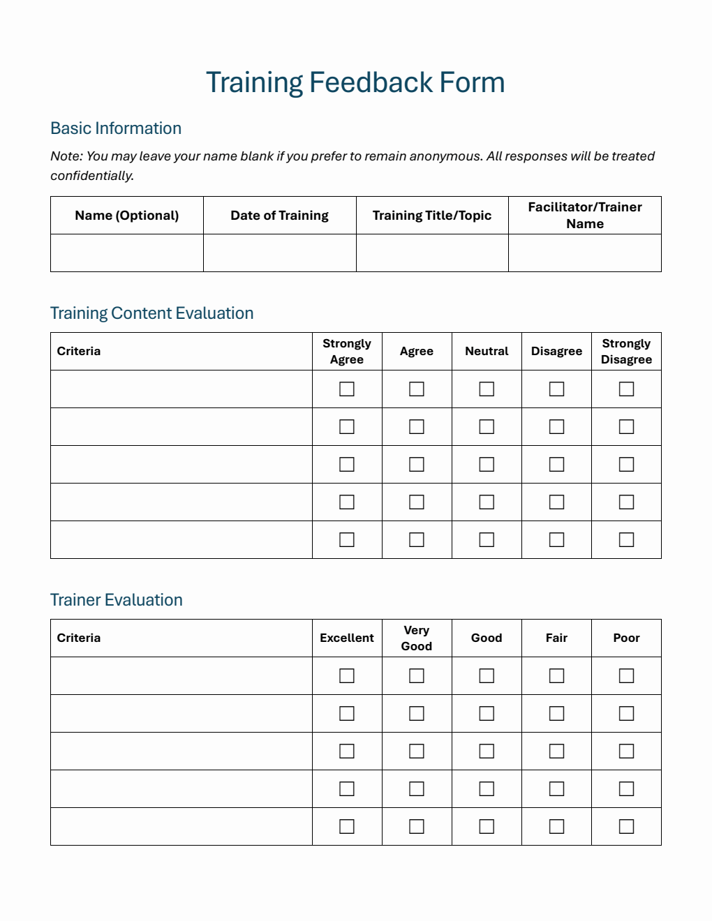 Comprehensive Training Feedback Form Template Word