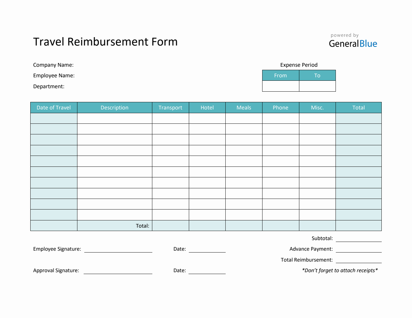 Travel Reimbursement Form in Word (Colorful)