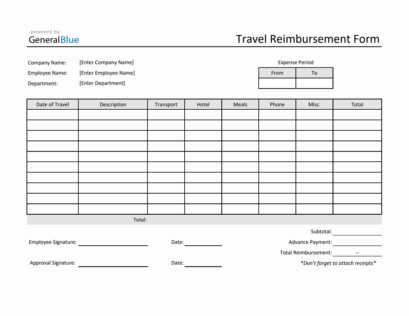 Travel Reimbursement Form in Excel (Simple)