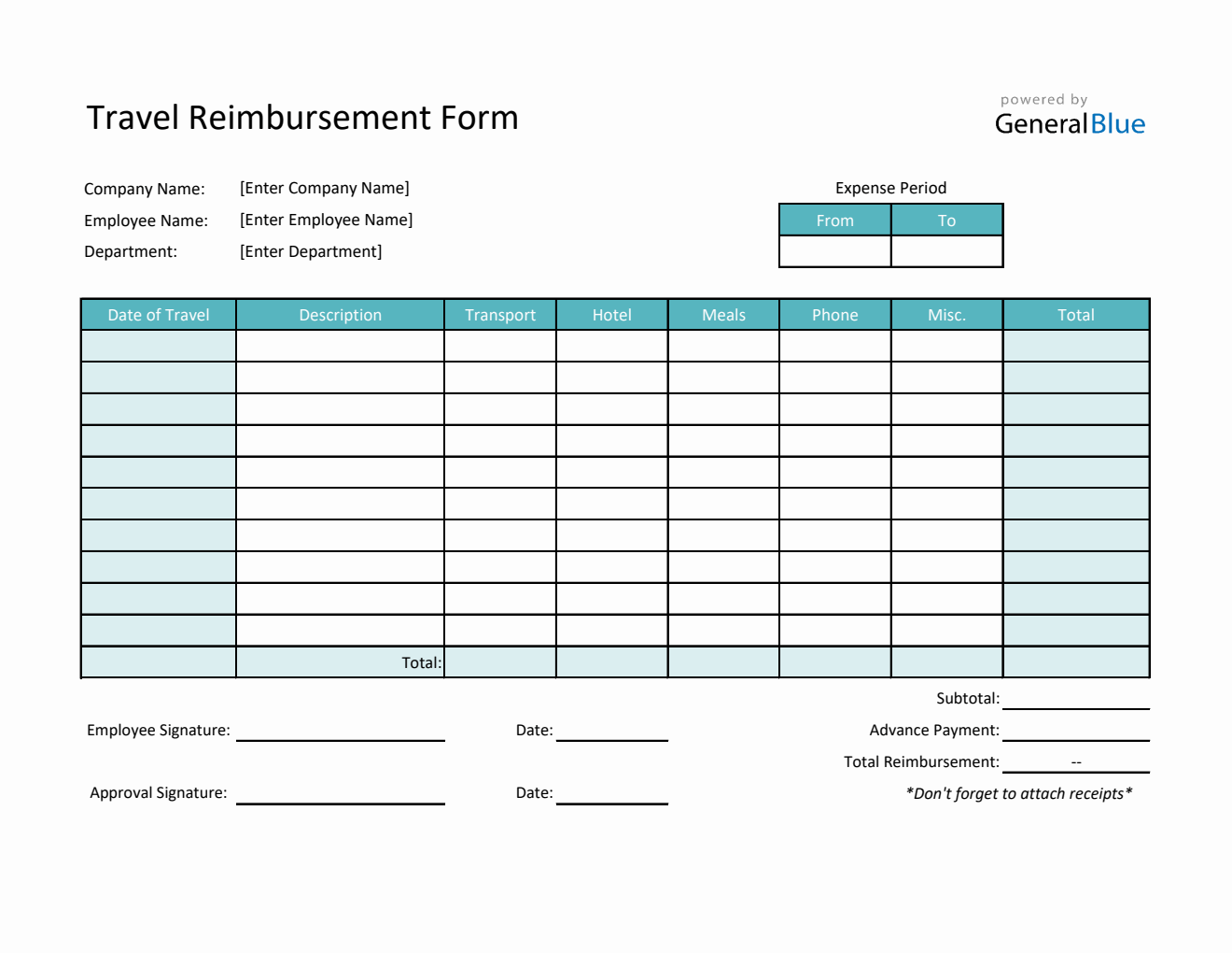 Travel Reimbursement Form in Excel (Colorful)