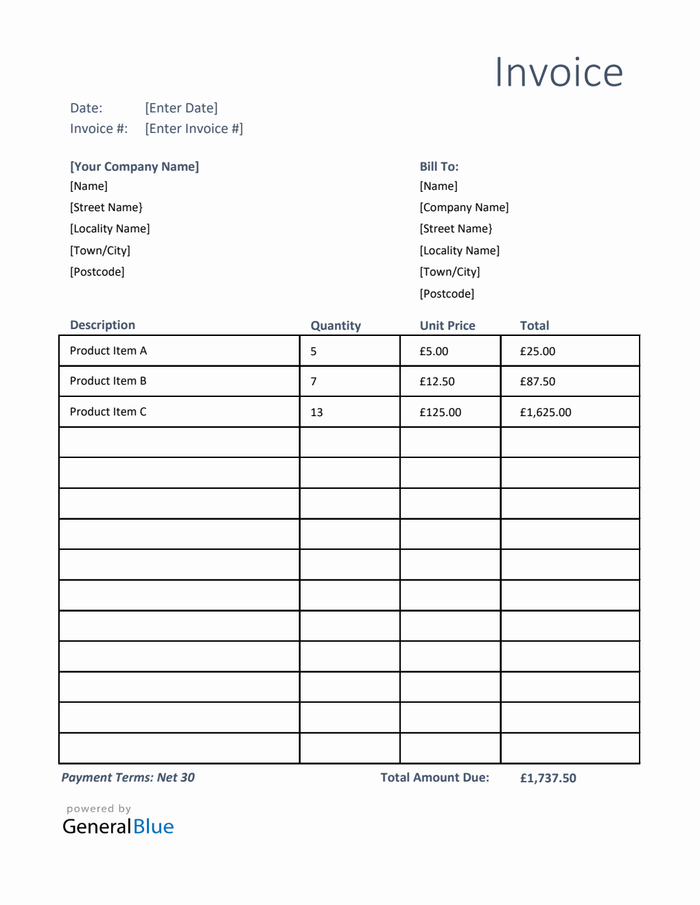 Invoice Template for U.K. in Excel (Printable)