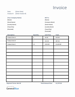 Invoice Template for U.K. in Excel (Printable)