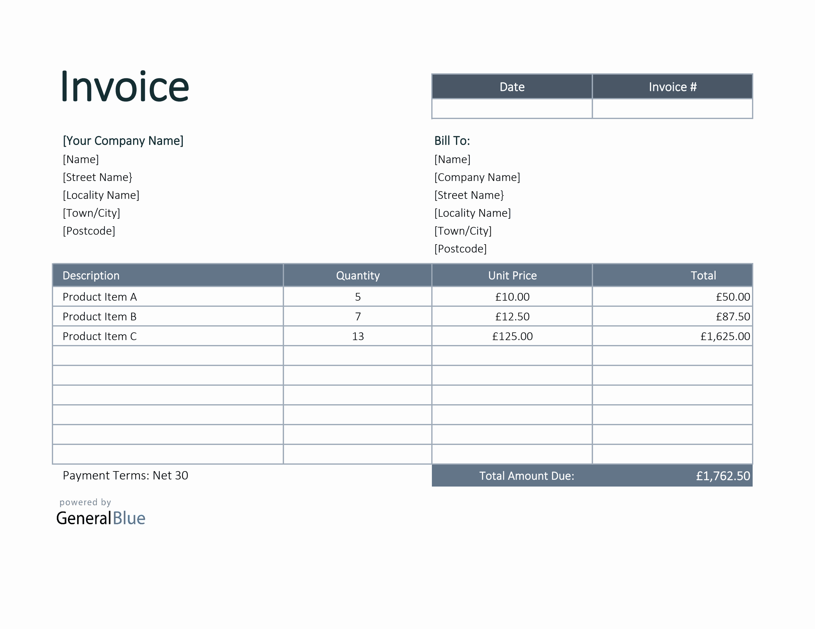 Invoice Template for U.K. in Excel (Bordered)