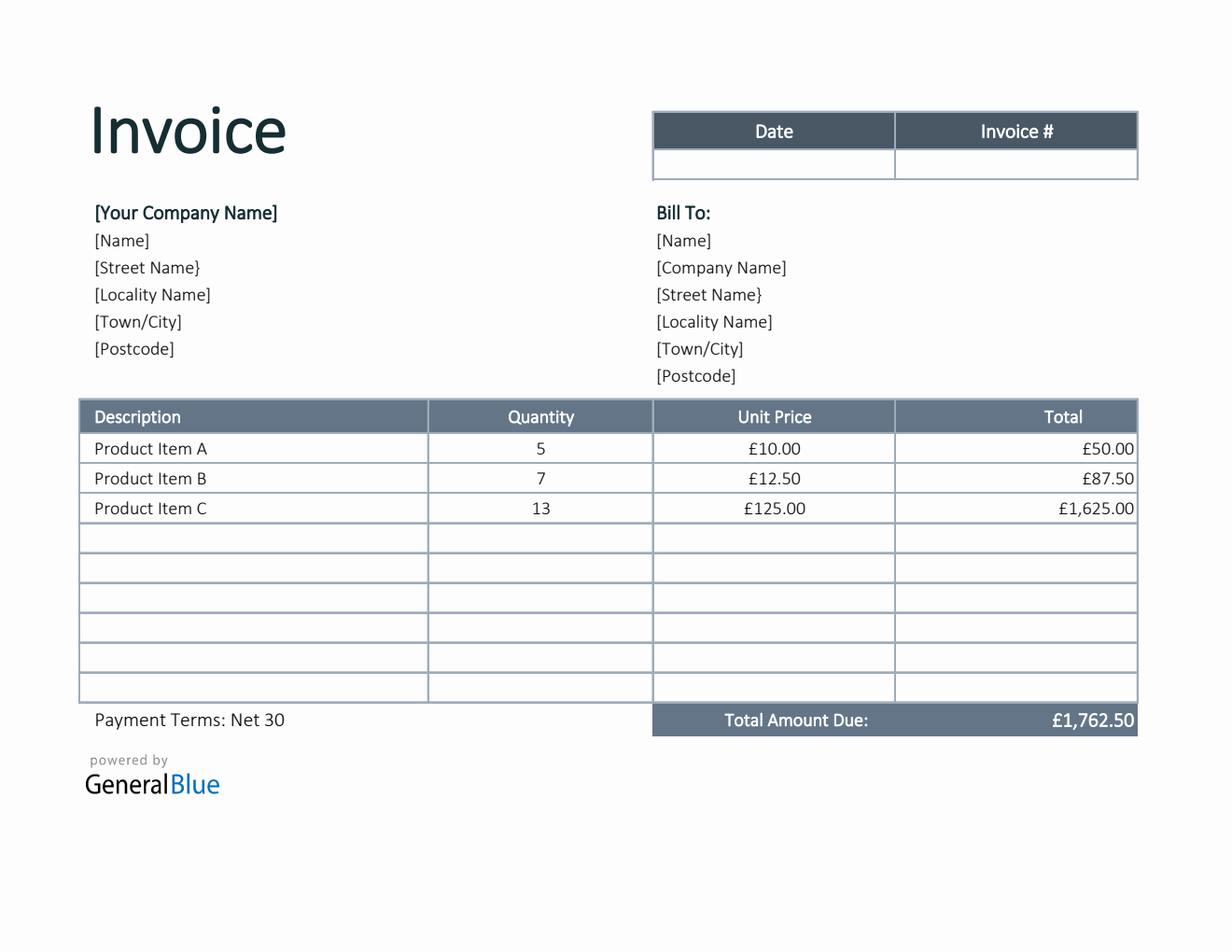 Invoice Template for U.K. in Excel (Bordered) Inside Business Invoice Template Uk