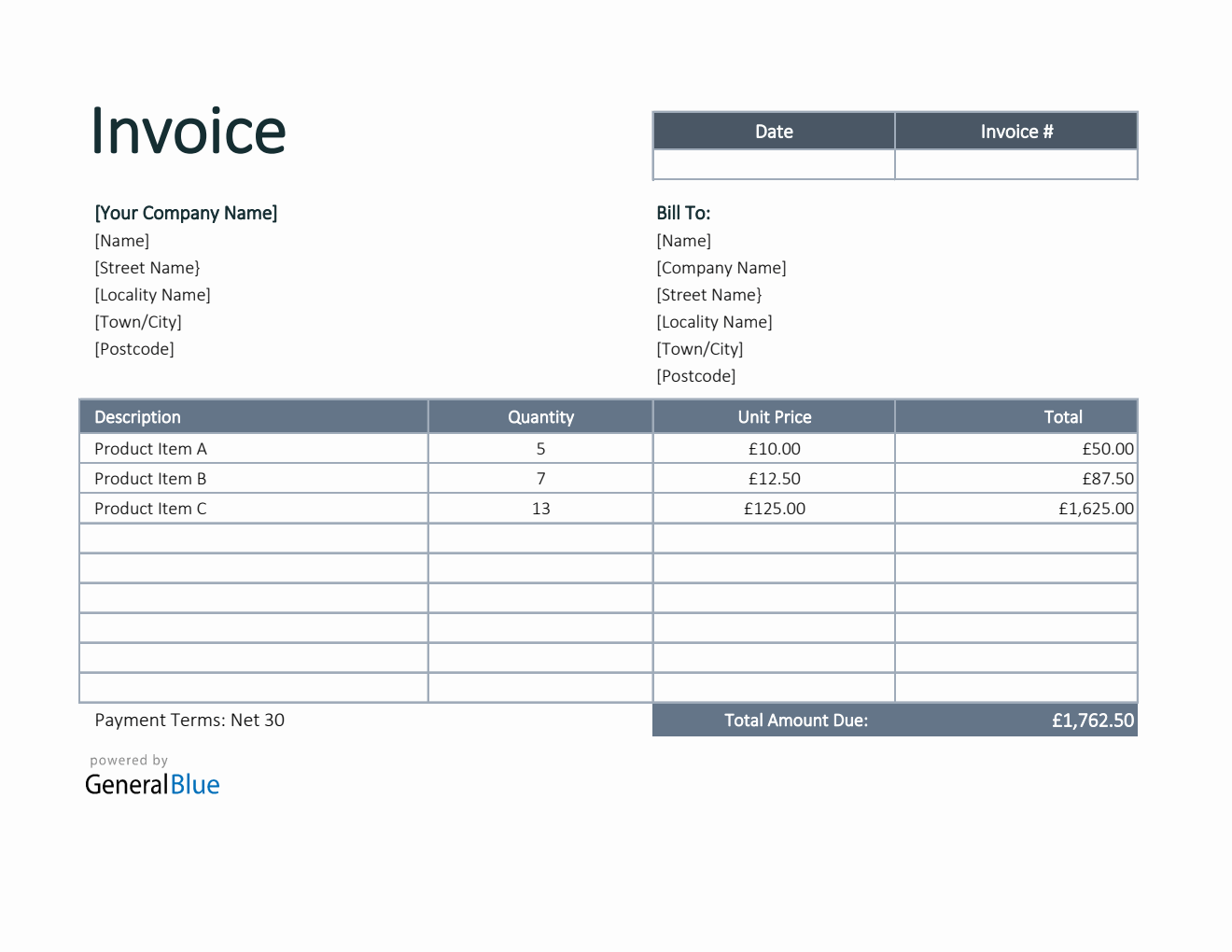 Invoice Template for U.K. in Excel (Bordered)
