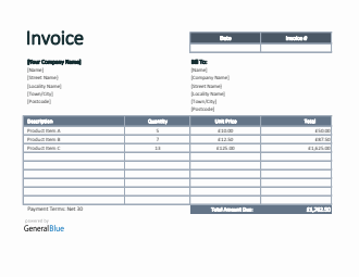 Invoice Template for U.K. in Excel (Bordered)