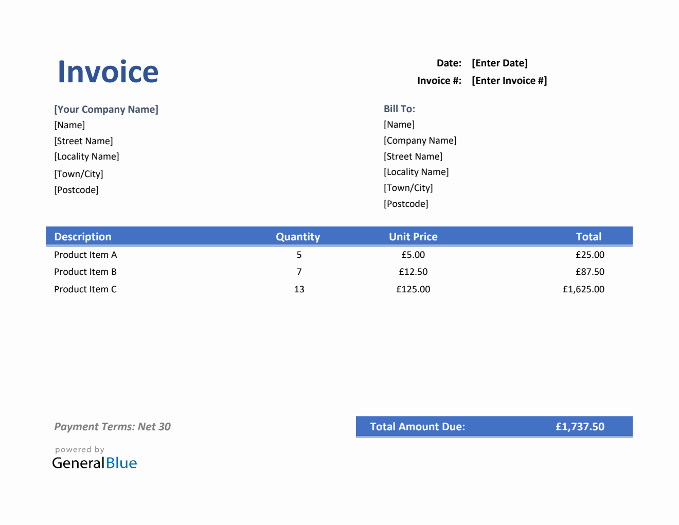 Invoice Template for U.K. in Excel (Blue)