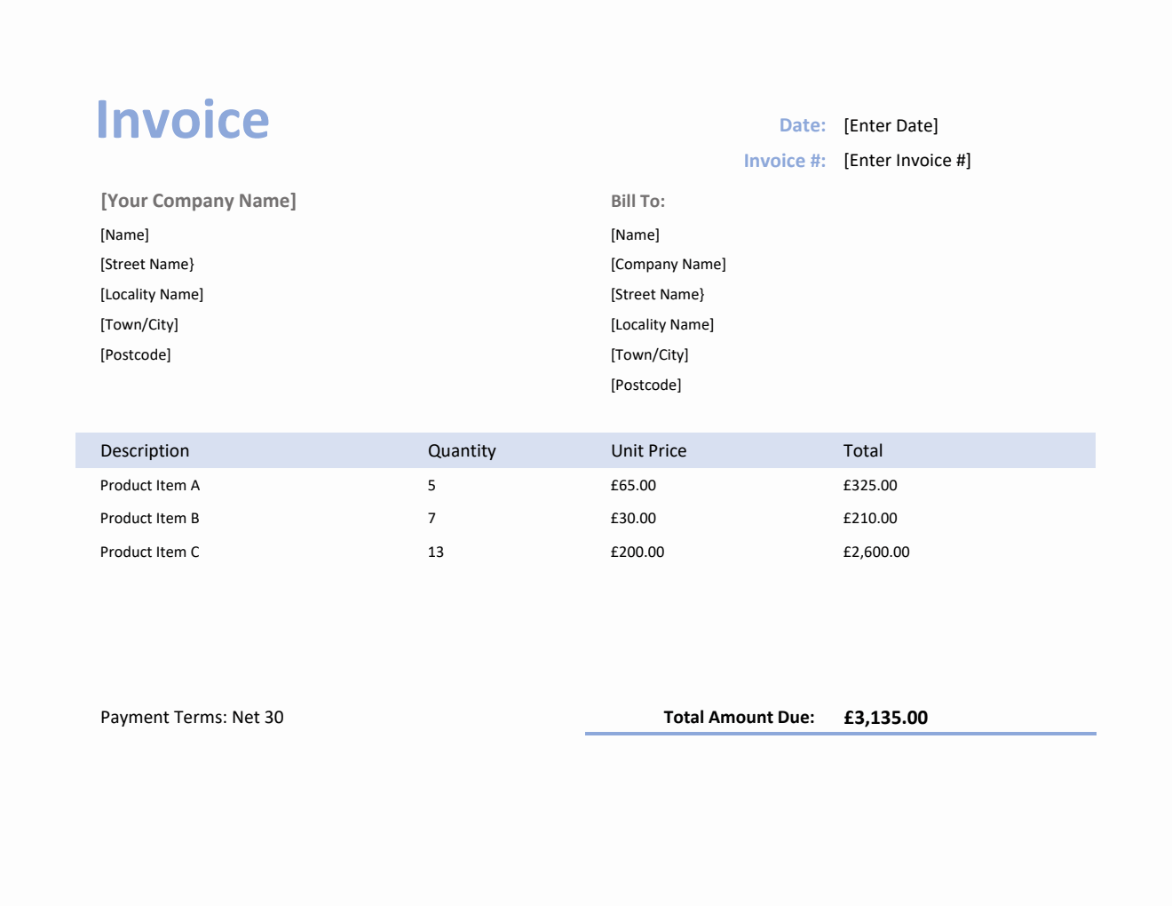 Invoice Template for U.K. in Excel (Purple)