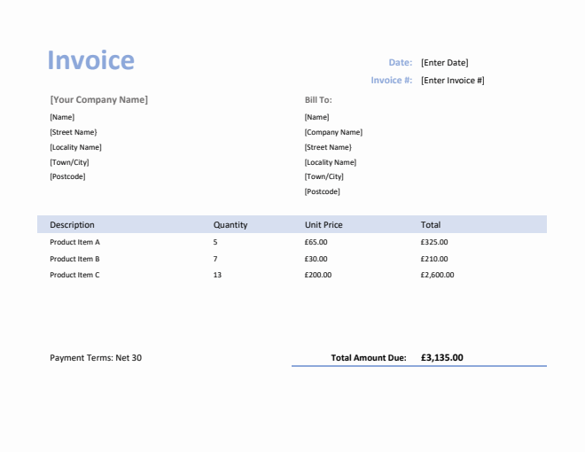 Invoice Template for U.K. in Excel (Purple)