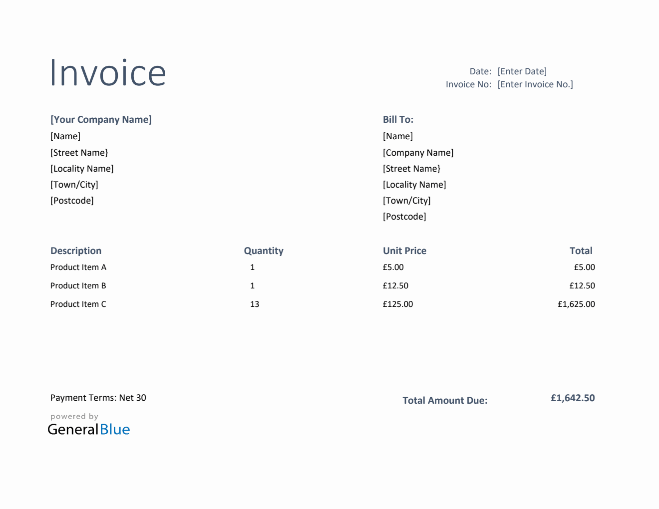 Invoice Template for U.K. in Excel (Basic)