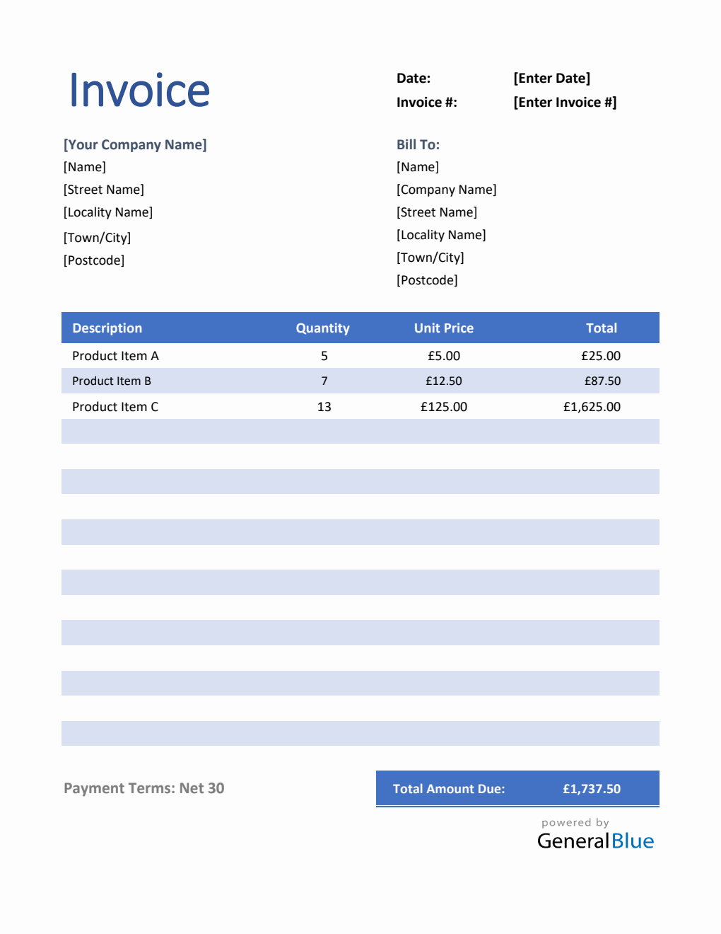 Invoice Template for U.K. in Excel (Striped)