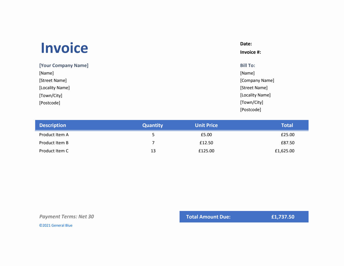 Invoice Template for U.K. in Excel (Colorful)