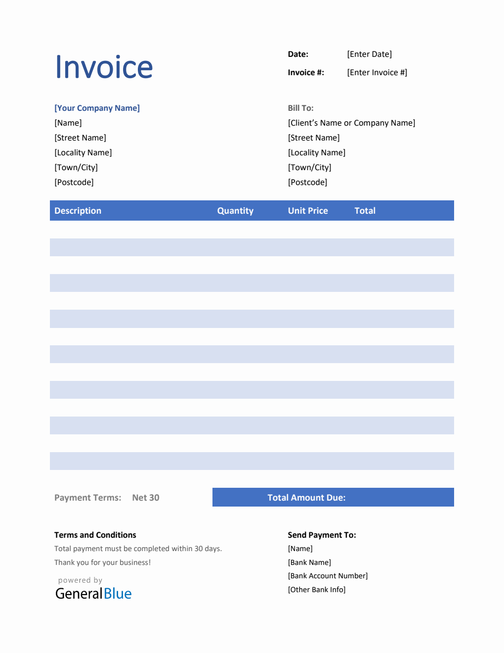 Invoice Template for U.K. in Word (Striped)