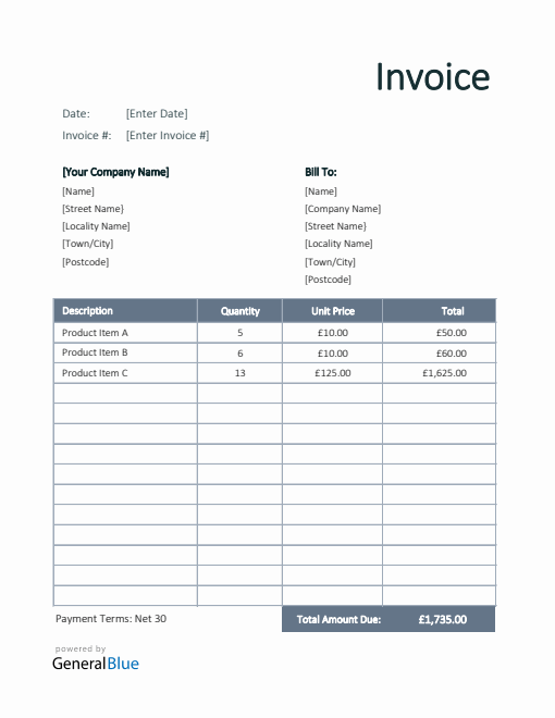 Invoice Template for U.K. in Excel (Simple)