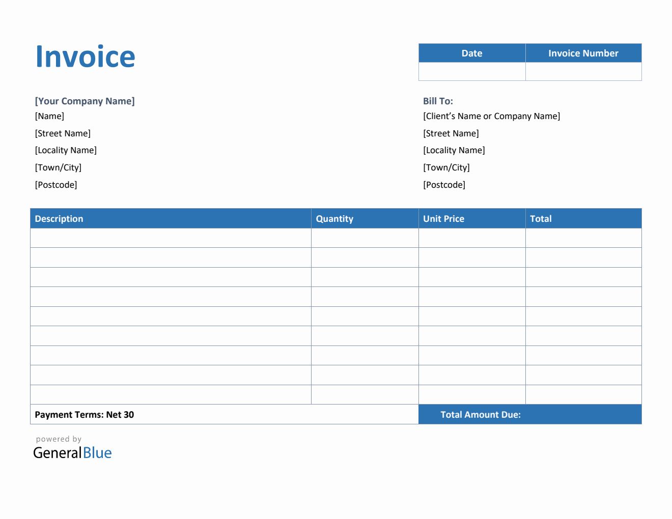 Invoice Template for U.K. in Word (Blue)