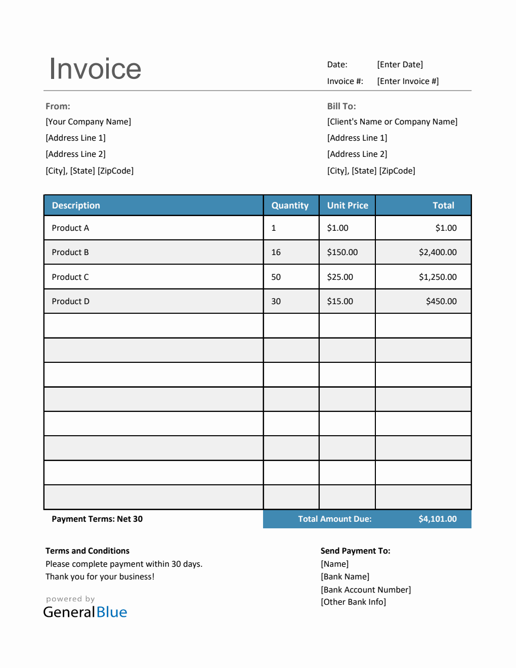 U.S. Invoice Template in Excel (Striped)