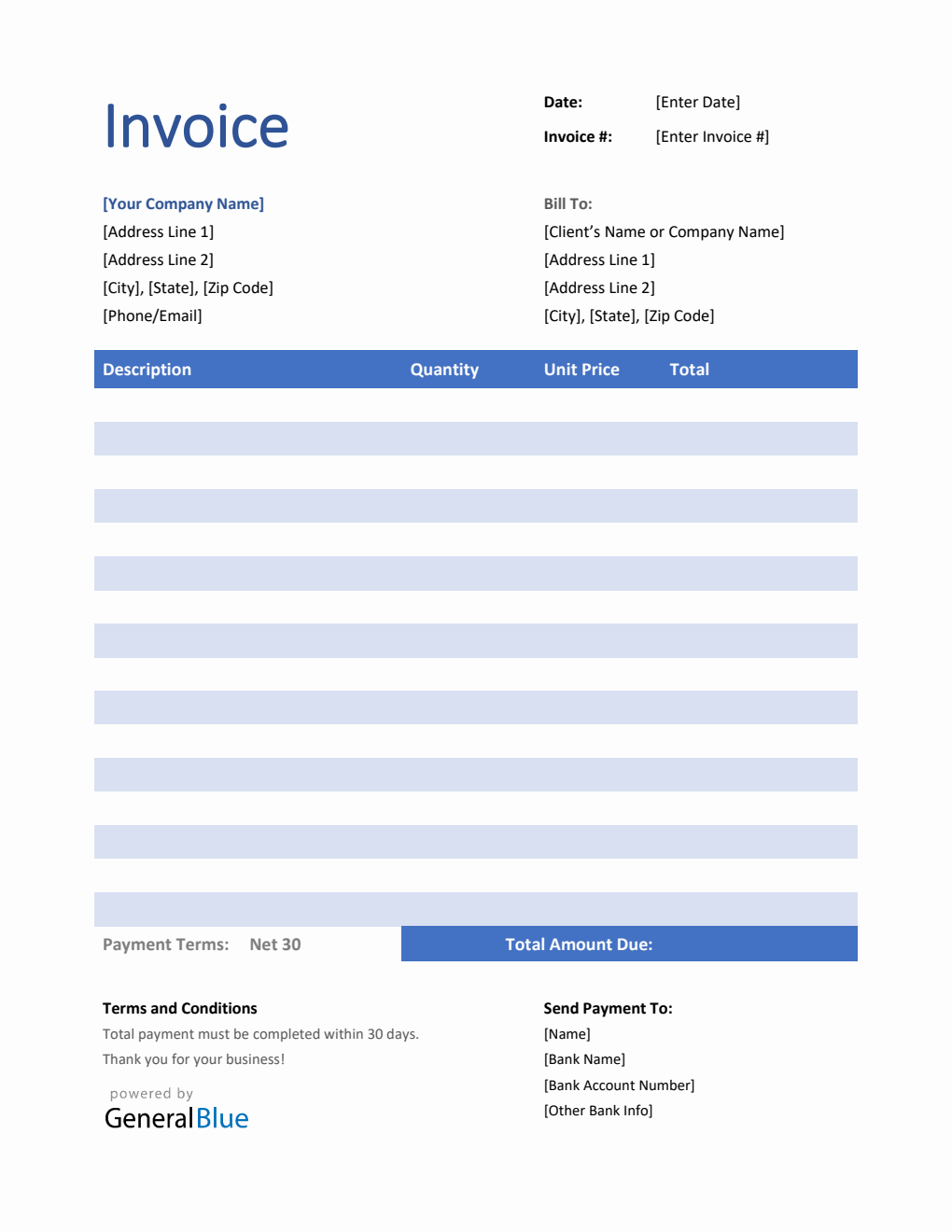 U.S. Invoice Template in Word (Striped)