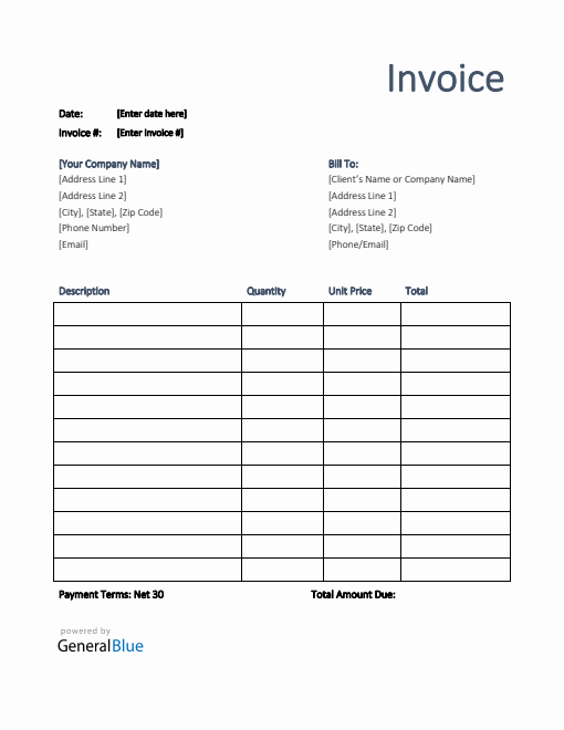 U.S. Invoice Template in Word (Printable)