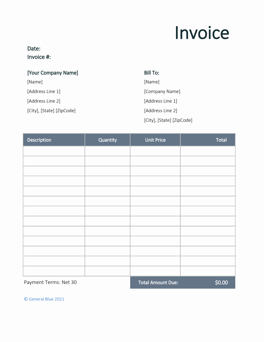 U.S. Invoice Template in Excel (Portrait)