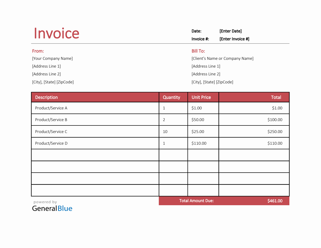 U.S. Invoice Template in Excel (Bordered)