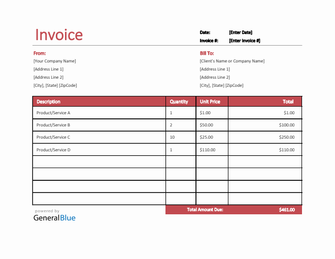 U.S. Invoice Template in Excel (Bordered)