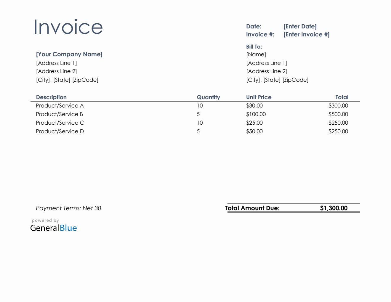 U.S. Invoice Template in Excel (Simple)