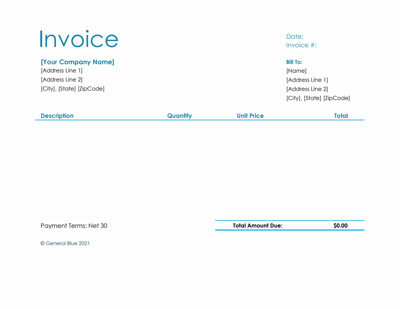 U.S. Invoice Template in Excel (Blue)