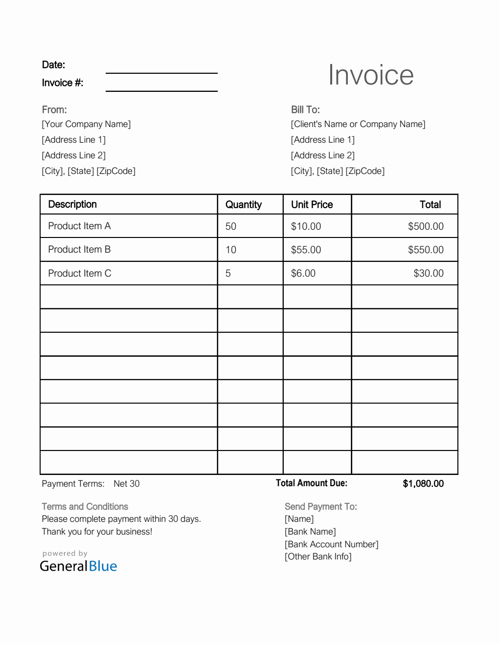 U.S. Invoice Template in Excel (Printable)