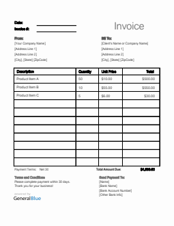 U.S. Invoice Template in Excel (Printable)
