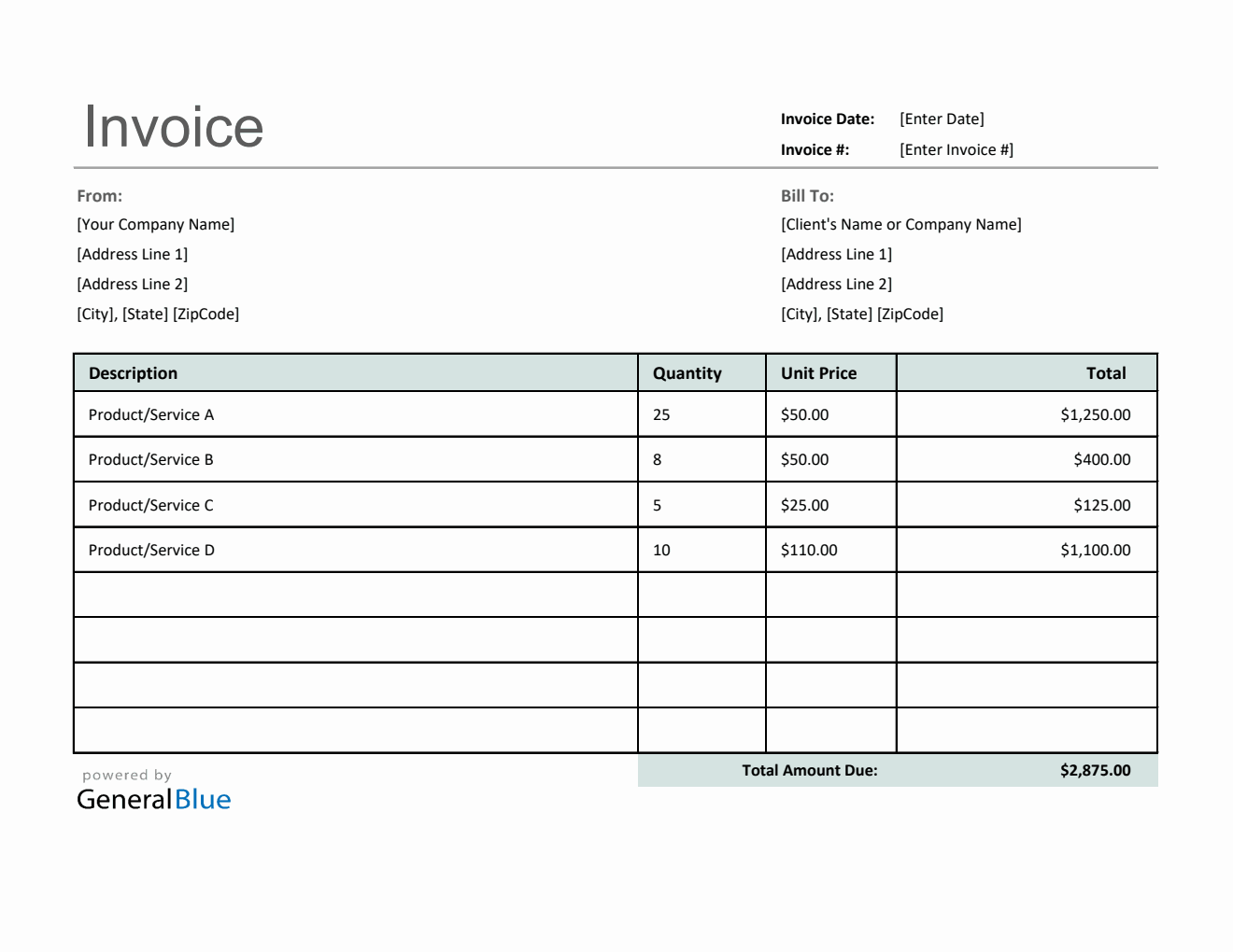 U.S. Invoice Template in Excel (Plain)