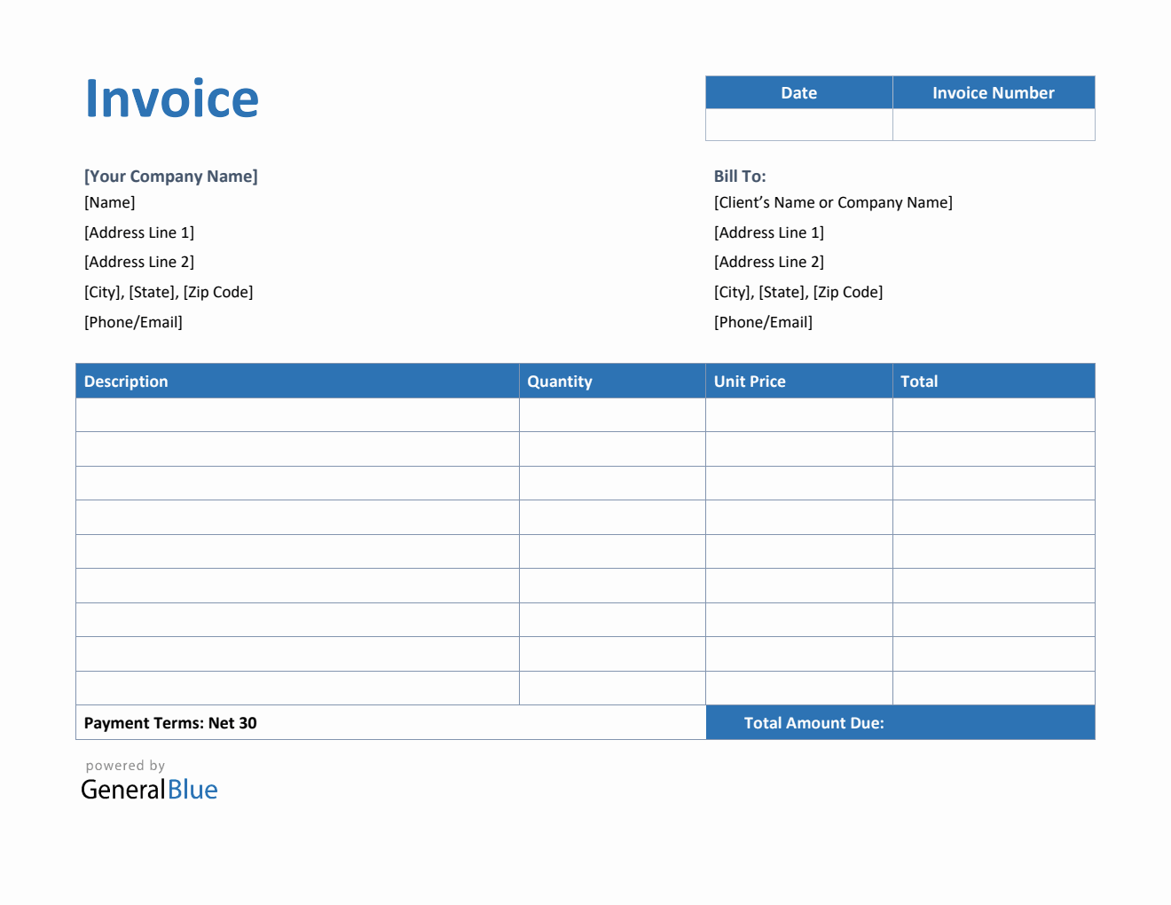 U.S. Invoice Template in Word (Blue)