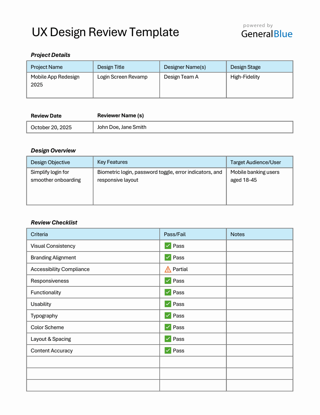 UX Design Review Template (Excel Format)