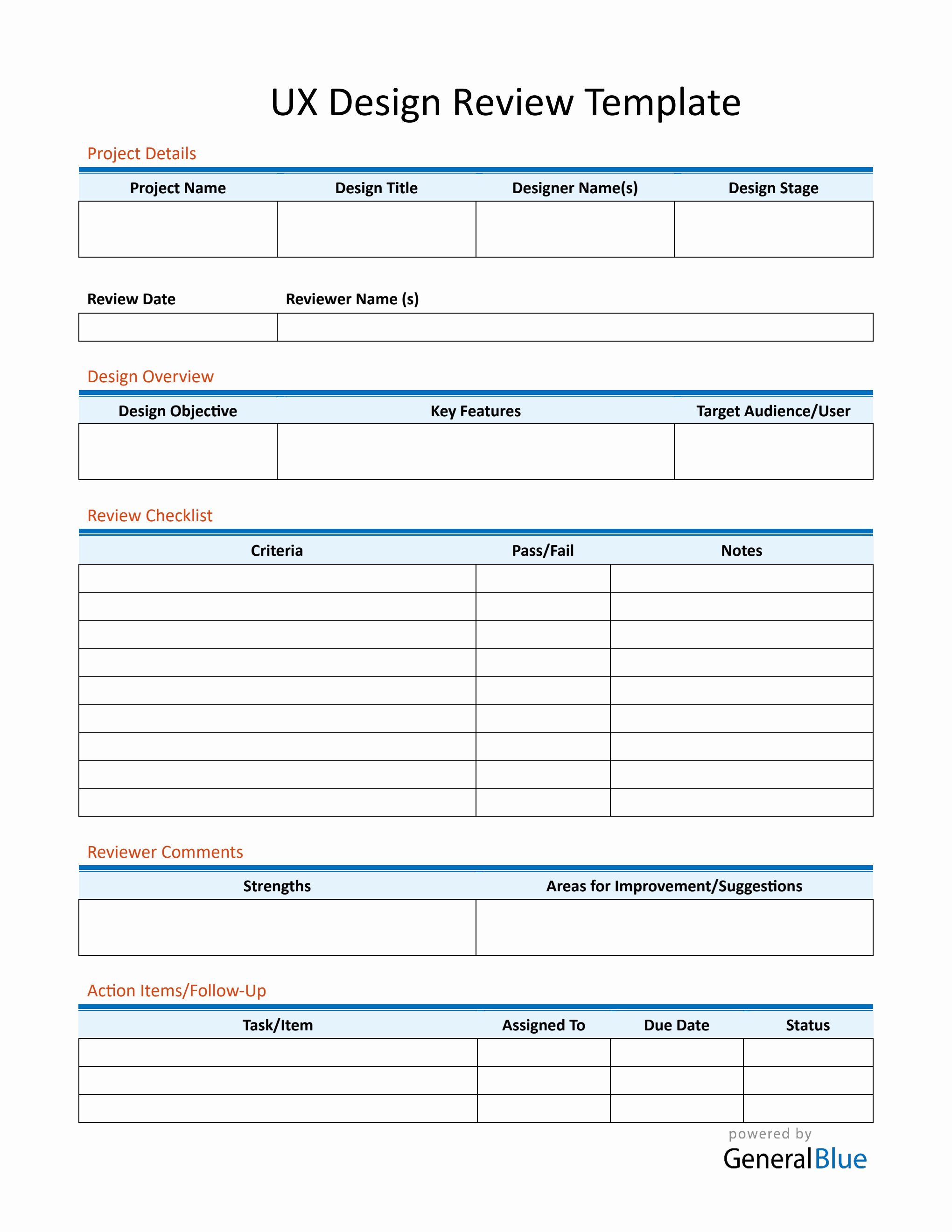 Downloadable UX Design Review Template (PDF Format)