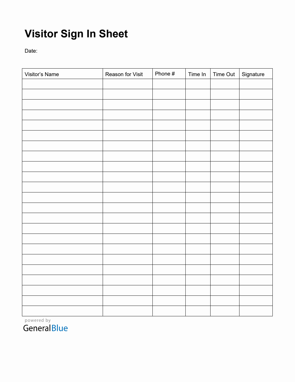 Printable Visitor Sign In Sheet in Word