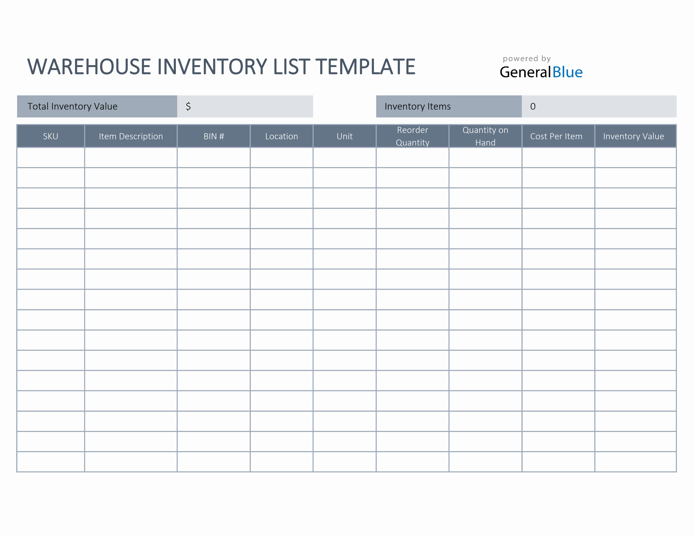 Warehouse Inventory List Template in Excel